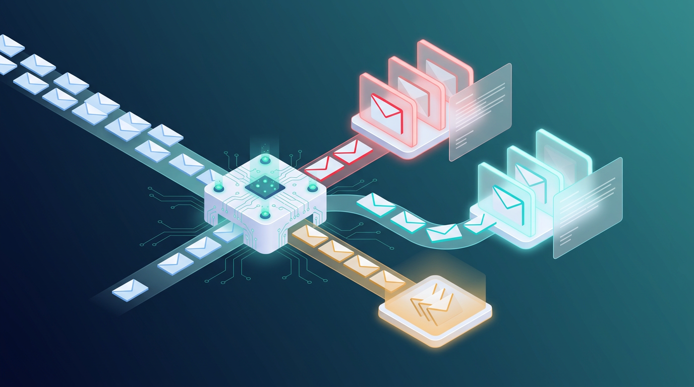 Intelligent email triage system showing incoming messages being automatically categorized and routed to appropriate response queues