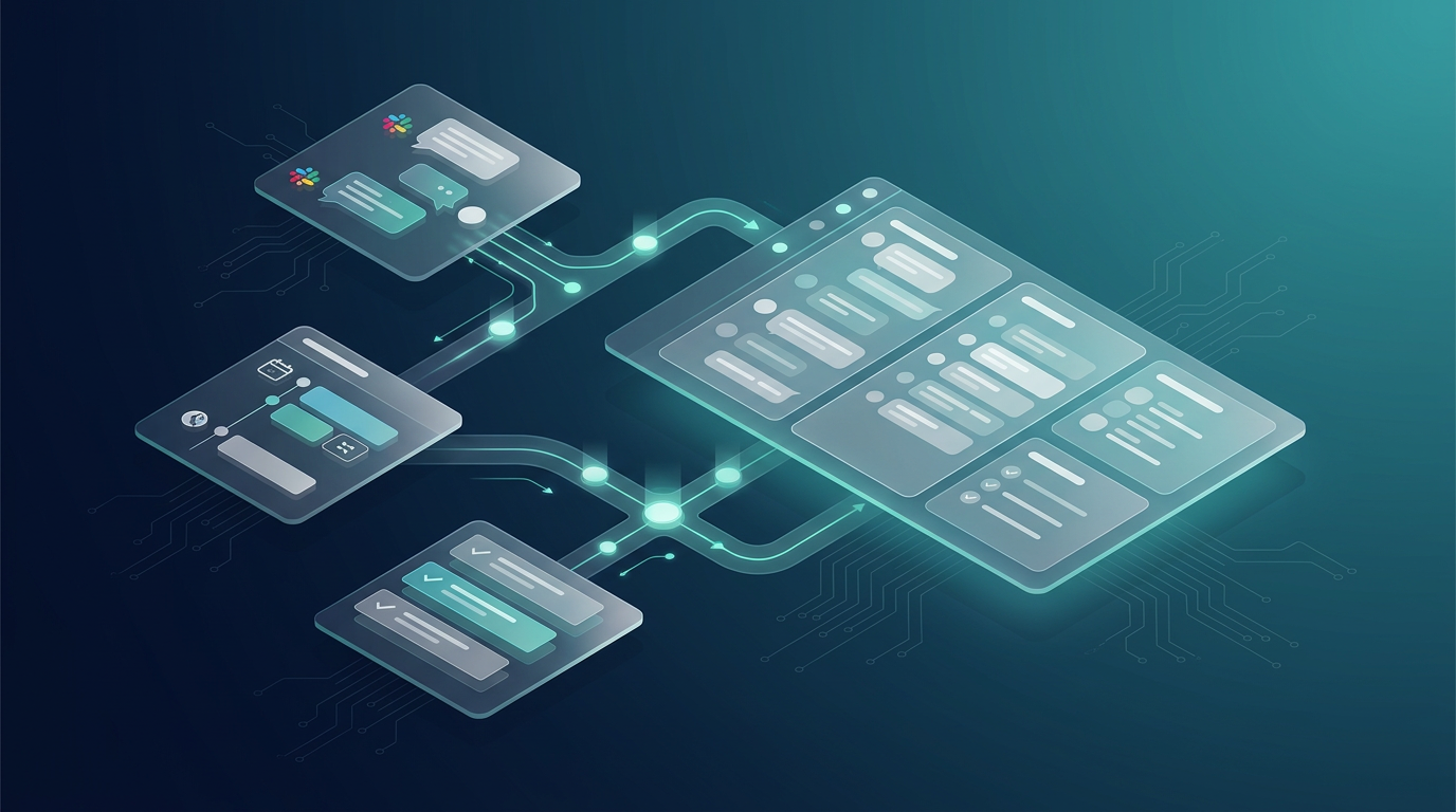 AI-powered morning briefing dashboard showing Slack messages, calendar events, and task summaries flowing into a consolidated daily overview