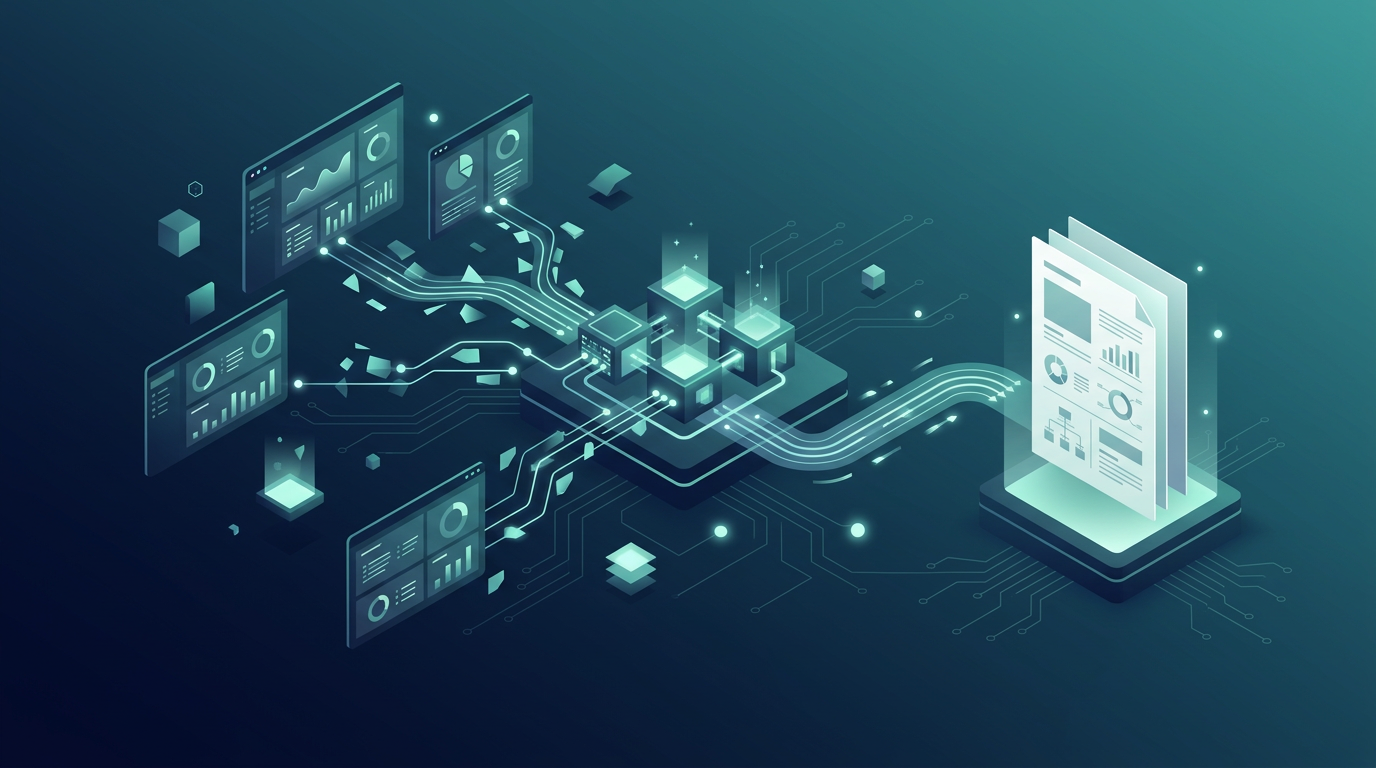 Automated report generation process showing data from multiple sources being compiled into a polished weekly summary document