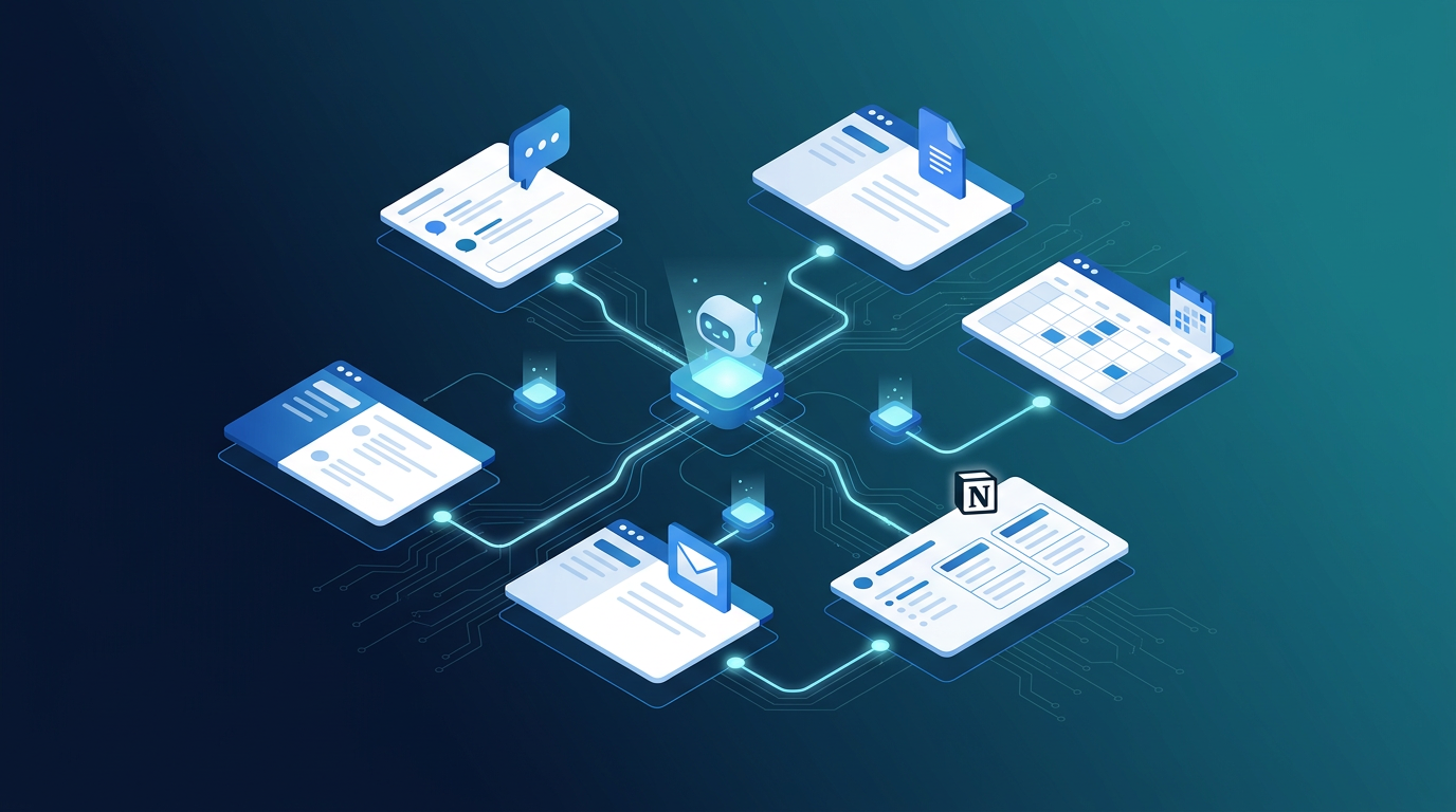 Illustration of Claude Cowork connecting to business tools in a unified workspace